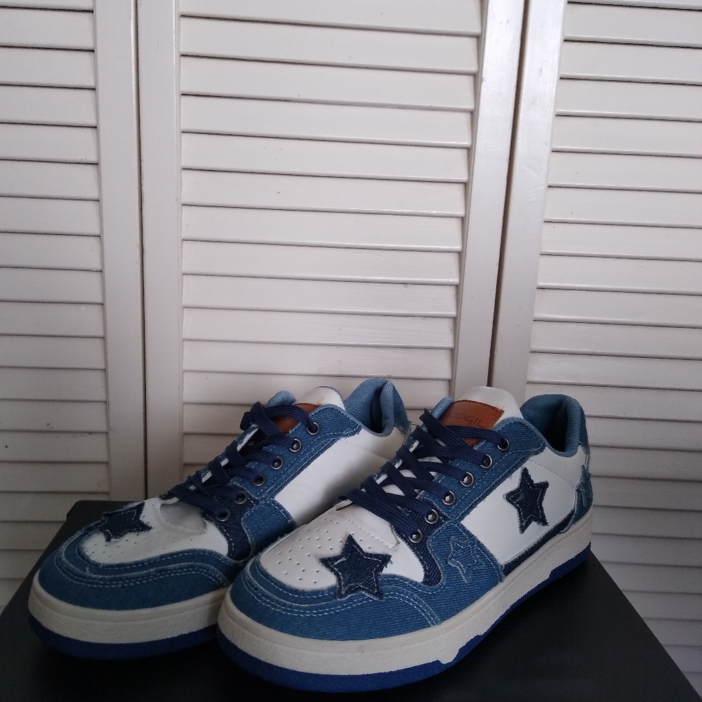 PACOGIL Denim White Star Sneakers – Size 42 EU – Streetwear Casual Shoes